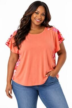 Isaac Mizrahi Women XL Peach Knit Top Floral Print Back Short Sleeve